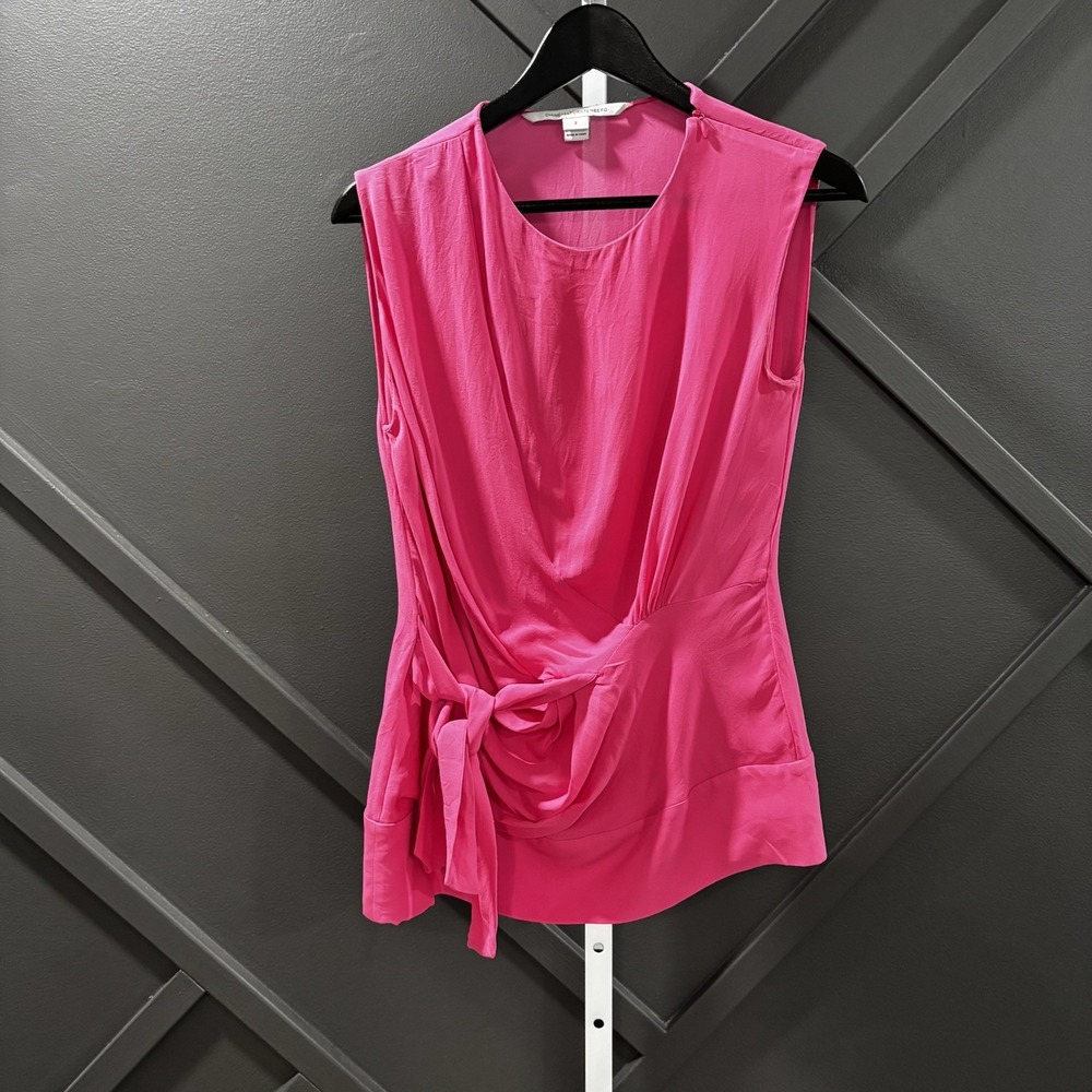 Diane von Furstenberg DVF Size 2 Hot Pink Silk Sleeveless Draped Tie Waist Top